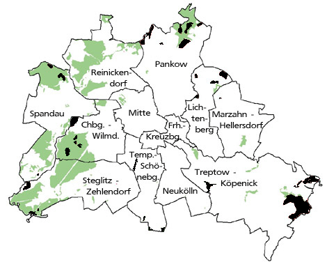 Karte der Berliner Gebiet innerhalb der Stadtgrenzen und Markierungen der Schutzgebietsflächen